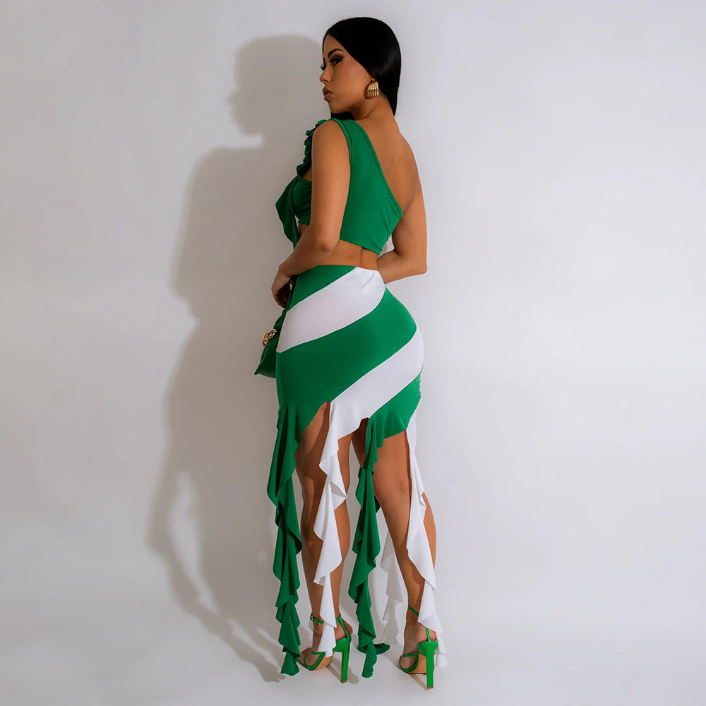 Sexy Crossbody Slim Fit Crop Top Sheath a Line Tassel Skirt Two Piece Set Women 3D Decoration