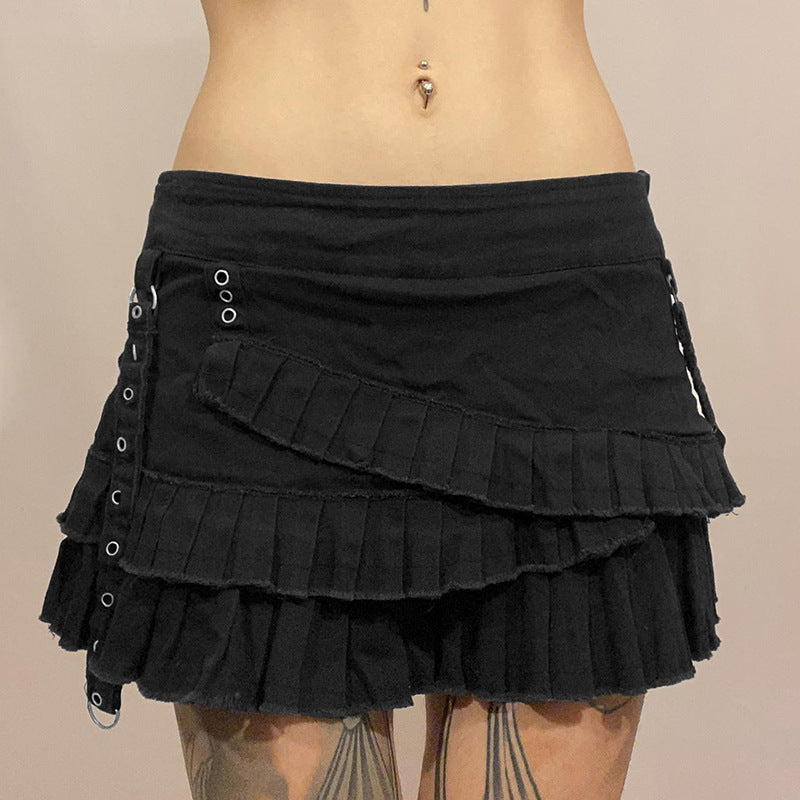Dark Metal Ribbon Sexy Low Waist Pleated Skirt Street Lolita Sexy All-Matching Jeans Skirt