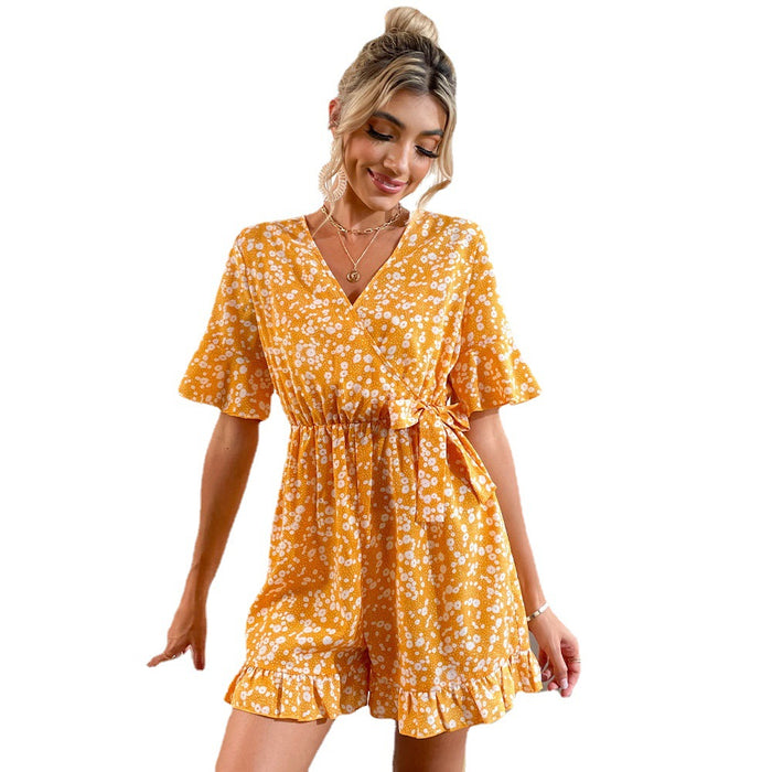 Summer Women Clothing Bell Sleeve V-neck Lace-up Printed Casual One-Piece Suit Women Romper