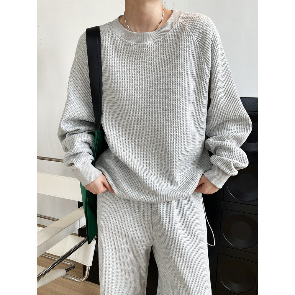 Korean-Style Long-Sleeved Waffle Sweater Ankle-Tied Sweatpants Two-Piece Suit Casual Exercise Women