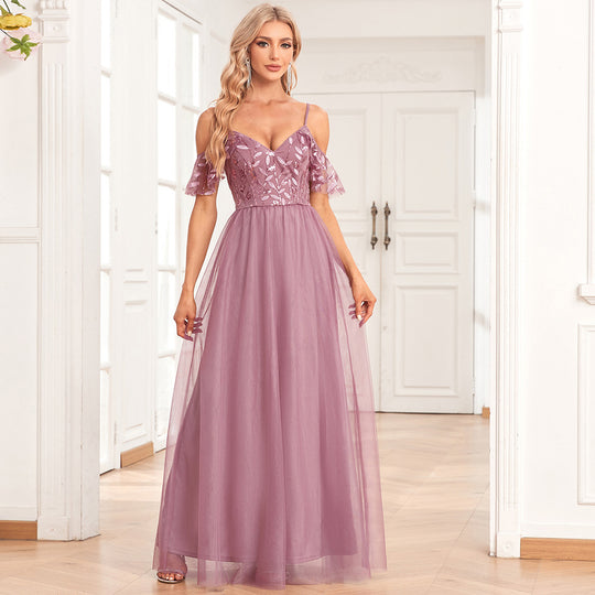 Women Elegant Off The Shoulder Strap Sleeve Double V Neck Tulle Stitching Embroidered Sequ A Swing Long Party Evening Dress