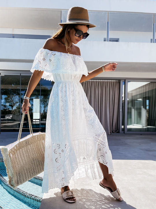 Bohemian Lace Dress White Beach Dress Tube Top off-Shoulder Sexy Dress for Women Eyelet Embroidery