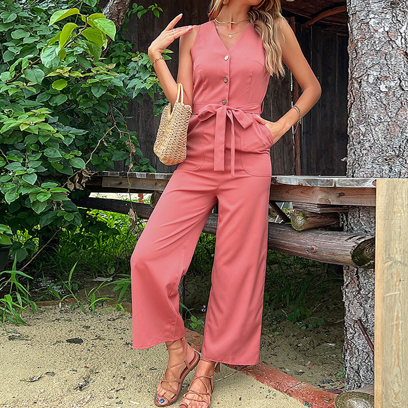 Summer Seaside Vacation Women Sleeveless Casual Lace up Red Jumpsuit Women