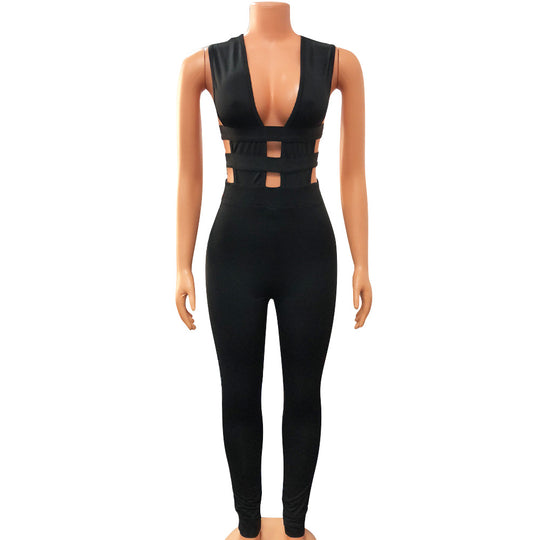 Autumn Winter Women Clothing Hollowed out Stitching Sexy V neck Sleeveless Tight Jumpsuit
