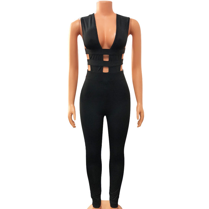 Autumn Winter Women Clothing Hollowed out Stitching Sexy V neck Sleeveless Tight Jumpsuit