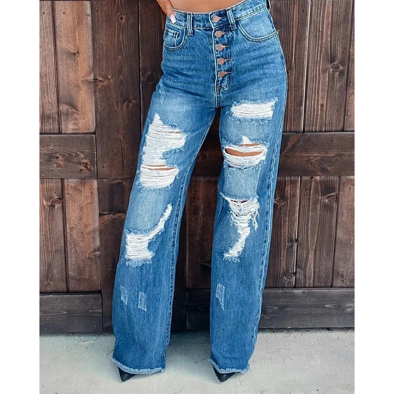 Ladies Jeans Ripped Casual Wide Leg Jeans Trousers Women Brand