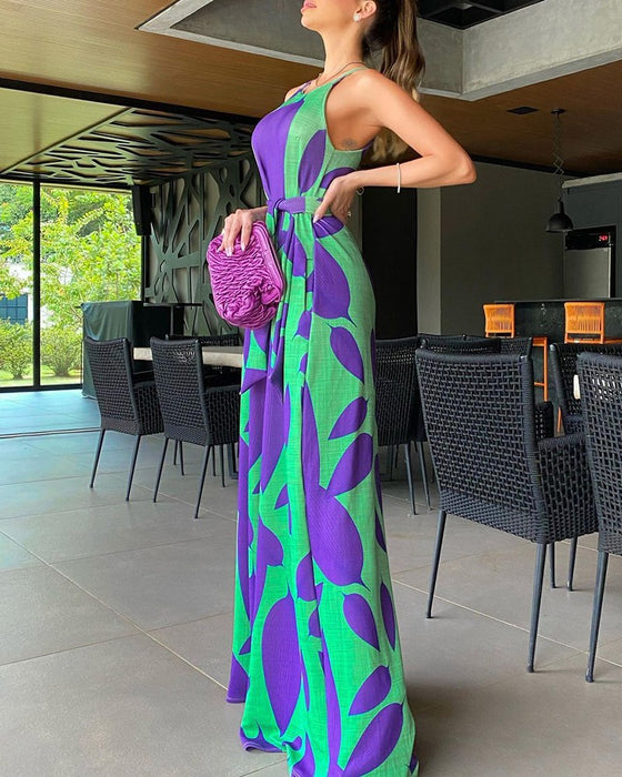 Spring Office Cotton Sleeveless Maxi  Large Picture Strap Type Printed Purple High Waist Wrap Jumpsuits