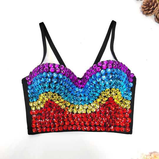 Colorful Crystals Tube Top Short Beaded Boning Corset Boning Corset Spaghetti Straps Outerwear Sexy Ultra Short Nightclub DS Sexy Beauty Back