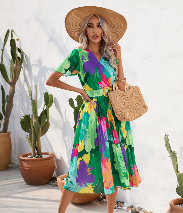 Women Clothing Summer Floral Print Crumpled Short Sleeve Dress