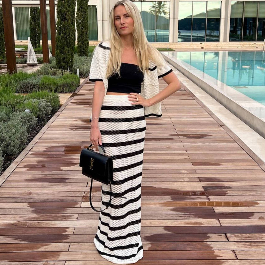 Striped Collared Pocket Short Sleeve Top Suit Beach Bohemian Contrast Color Long Skirt Women