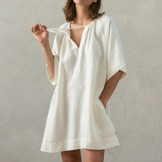 Autumn Cotton Solid Color Soft Skin Friendly Women Nightdress Loose Comfortable Cool Bandage Pocket Home Wear