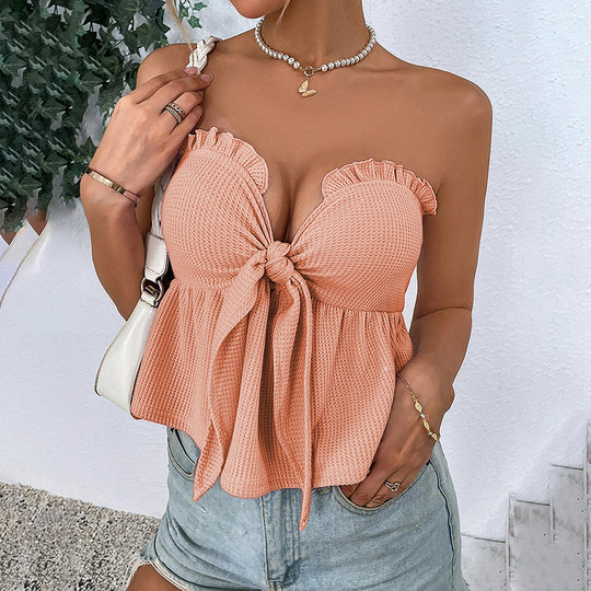 Women Clothing Sexy Tube Top Lace up Waist Controlled Ruffled Ultra Short Sleeveless Vest