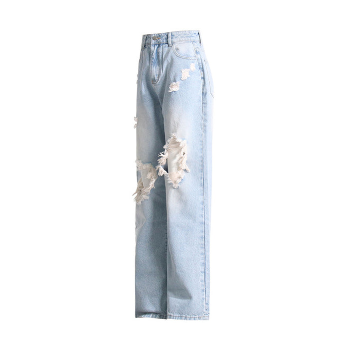 Brand Design Jeans Spring High Waist Ripped Sexy Straight Leg Trousers Women