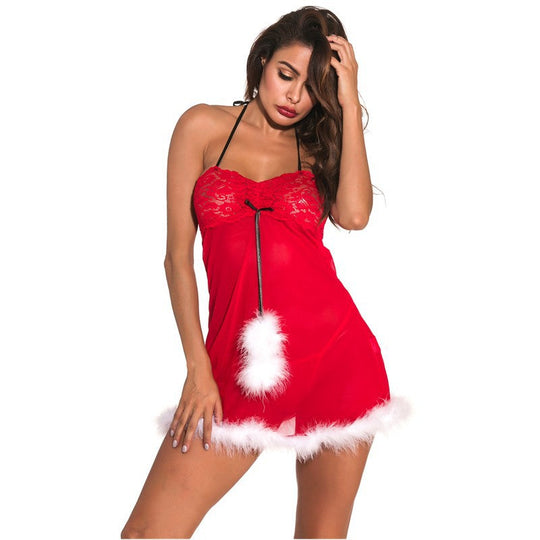 Sexy Lingerie Role-Playing Clothing Double-Color Lace Fur Ball Christmas Clothing Uniform Game Clothes