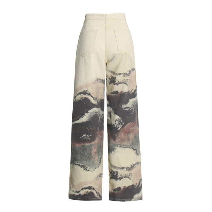 Blooming Ink Painting Color Contrast Patchwork Trousers Autumn High Waist Straight Casual All Matching Jeans