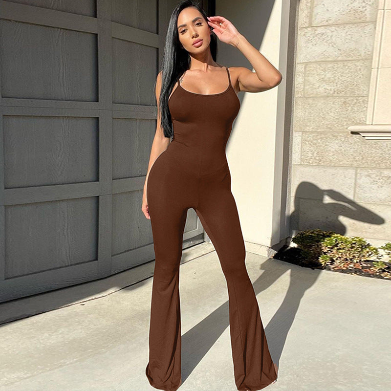 Women Clothing Spring Sexy U Collar Backless Slim Fit Solid Color Sling Jumpsuit