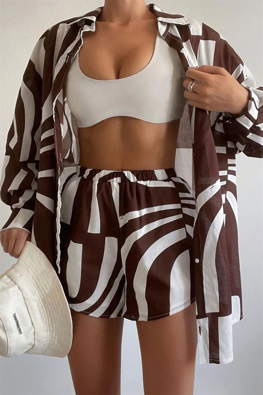 Spring Summer Beach Casual Suit Women  Loose Collared Long Sleeves Shirt Shorts Two Piece Women  Clothing
