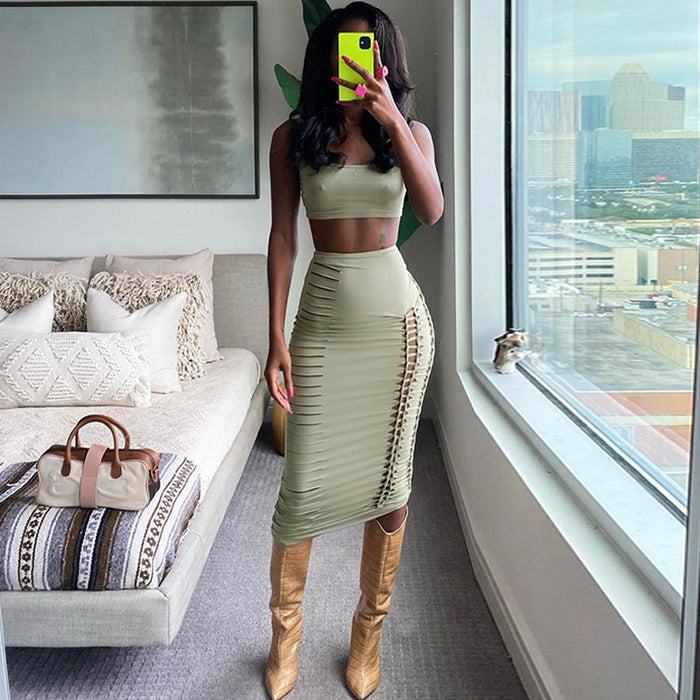 Women  Clothing Summer Hollowed out Cropped Tank Top Slim Skirt Set