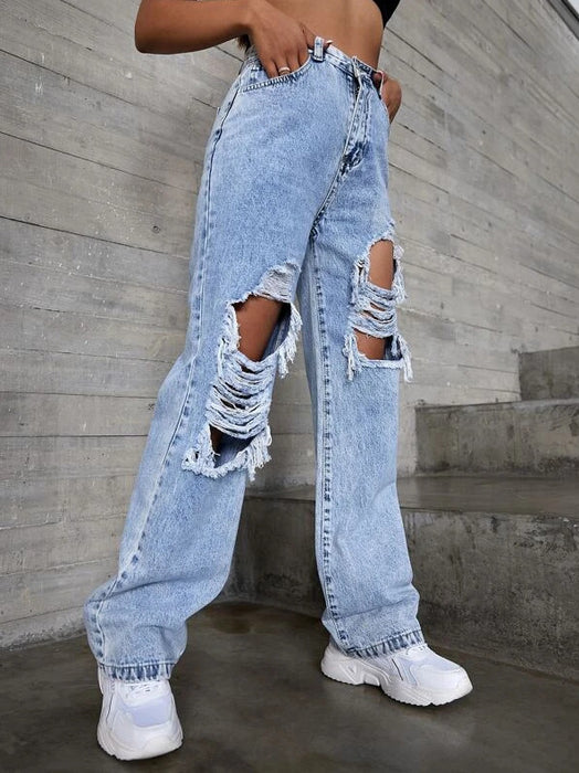 Jeans Quality High Waist Retro Blue Washed Ripped Straight Jeans Women Trend