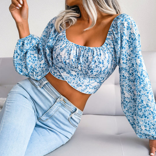 Lantern Sleeve Bow Floral Chiffon Shirt Vacation Cropped Top Women Clothing