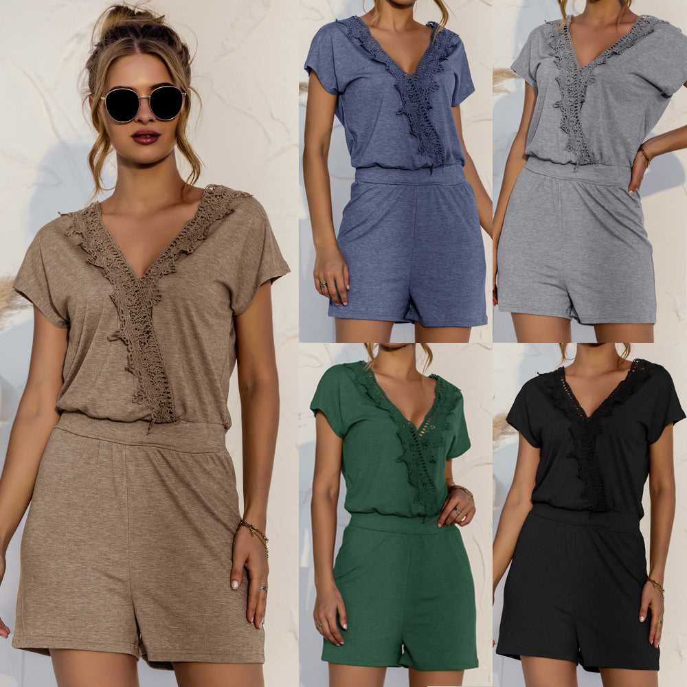 Spring Summer Eaby Sexy Short Sleeve V-neck Criss Cross Lace Stitching Romper Romper