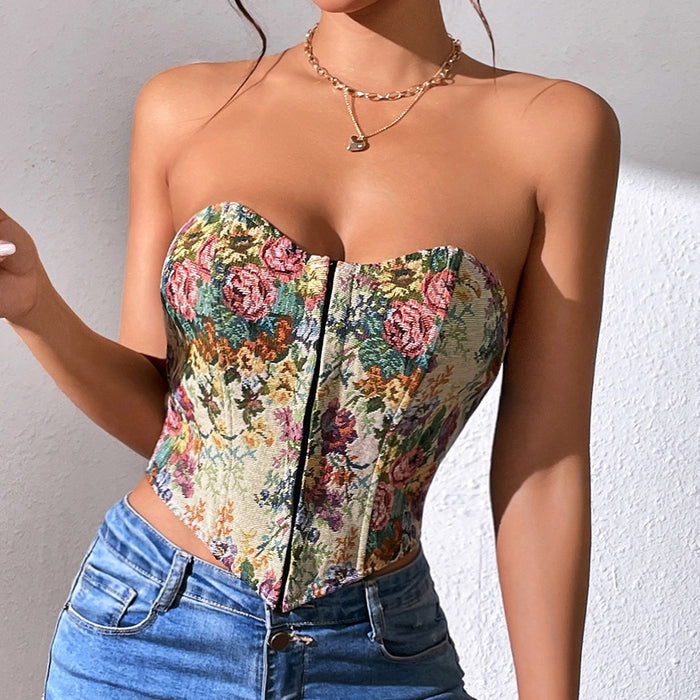 Women Clothing Sexy Retro Jacquard Sexy Low Cut Chest Wrap Boning Corset Breasted Small
