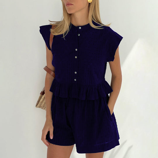 Summer Jacquard Short Sleeve Sense of Design Shirt Casual Office Shorts Suit for Women