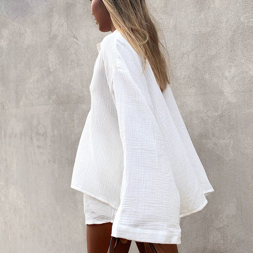White Pure Cotton Cardigan Comfortable Long Sleeve Shorts Pajamas Two Piece Set Autumn Ladies Homewear