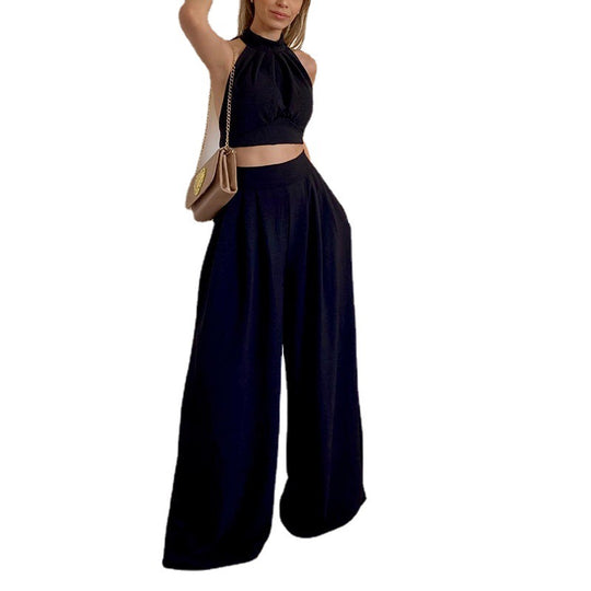 Casual Set Halter Slim Fit Elegant Chest Wrapped High Waist Trousers Two Piece Set for Women