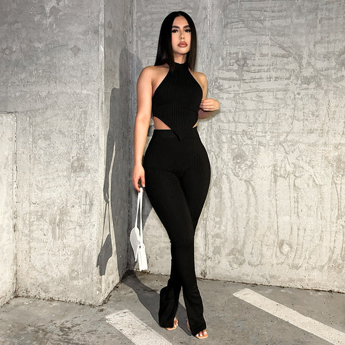Women Clothing Summer Solid Color Halter Top Trousers Casual Set