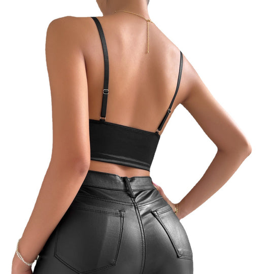 Sexy cropped Solid Color Strap Stitching Black sexy Backless Vest Women