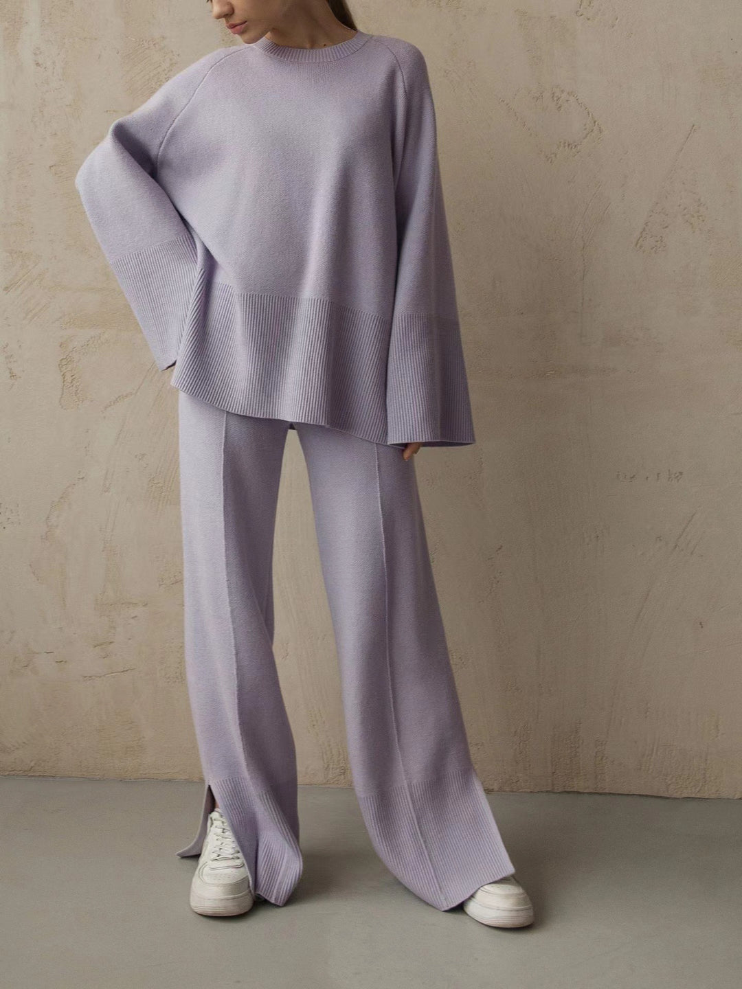 Loose Knitting Suit Autumn Winter Flared Sleeves round Neck Slit Loose Suit