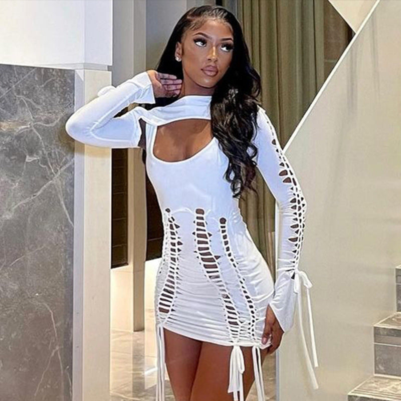 Women  Clothing Winter Sexy Backless Hollow Out Cutout Dress Long Sleeve Shawl Set