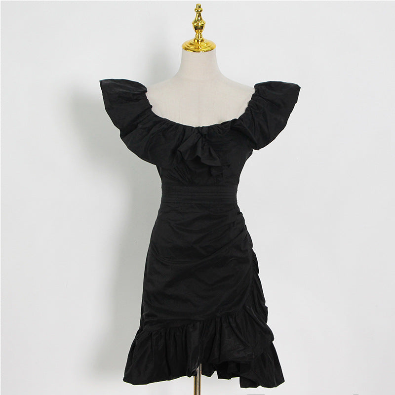 Lady Dress Short  Autumn Ruffled Stitching Solid Color Slim Dress