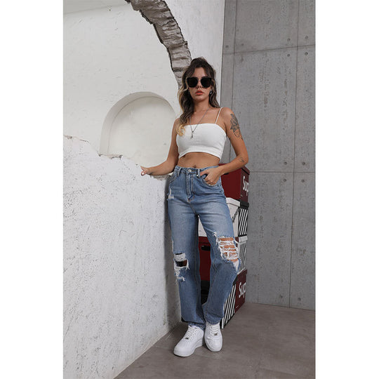 Spring Women Jeans Street Straight Leg Pants Ripped Slimming Trousers
