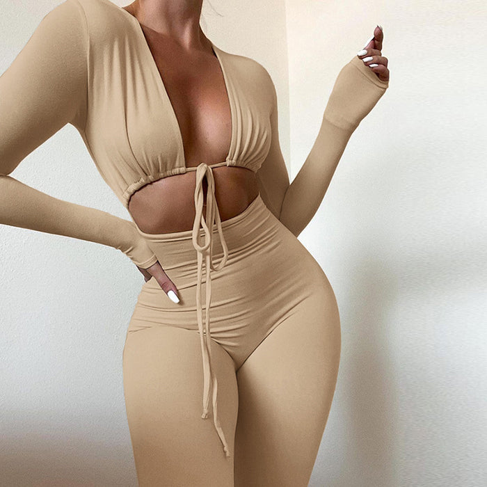Summer Tight Sexy cropped Lace up Solid Color Jumpsuit for Women