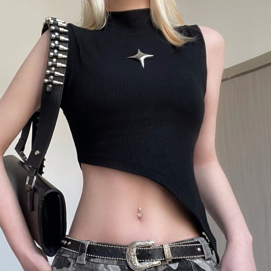 Metal Five Pointed Star Decorative Stitching Half Turtleneck Sleeveless Beveled Bare Cropped Slim Fit Top Sexy Vest