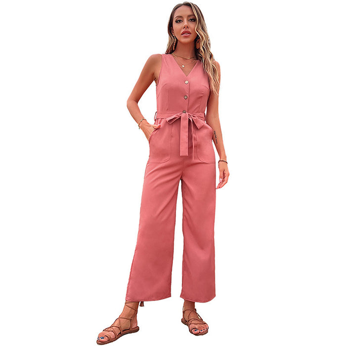 Summer Seaside Vacation Women Sleeveless Casual Lace up Red Jumpsuit Women