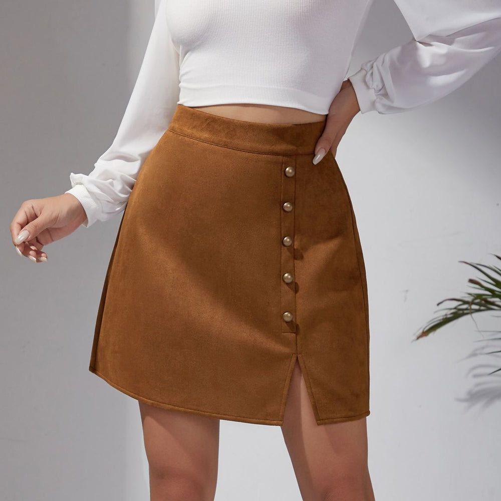Temu Autumn Winter Women Solid Color Suede Skirt High Waist Metal Buckle Hip Skirt