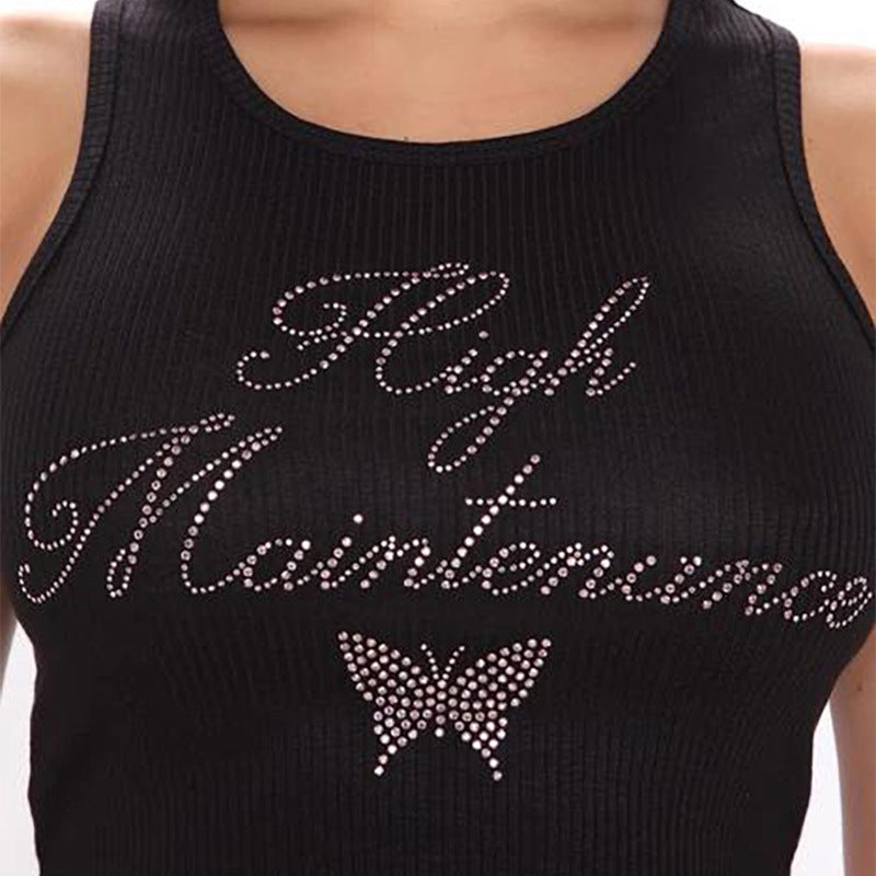 Summer Women  Clothing Rhinestone Butterfly Slim Fit Cropped Casual Vest