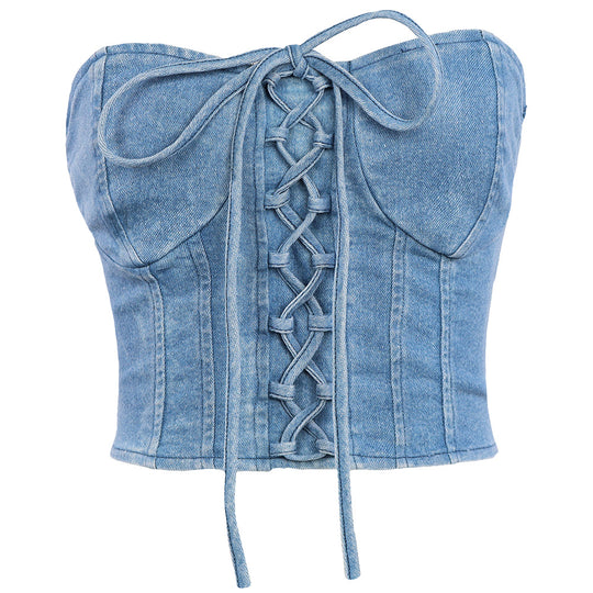 Sexy Crossover Lace up Denim Back Outer Wear Tube Top Women Casual Body Shaping Short Vest Zipper Wrapped Chest