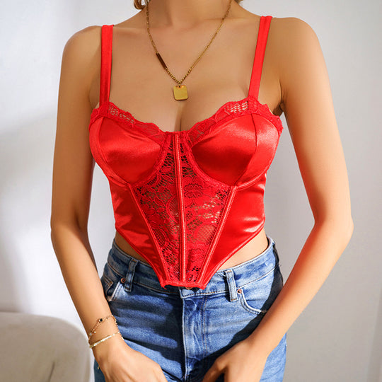 Summer Fresh Sweet Spicy Lace Slim Fit Slimming Steel Ring Top Support Sling Boning Corset Bra Inner Wear Outer Wear Vest