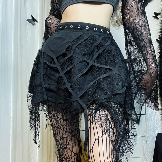 Women Skirt Autumn Gothic Punk Spider Web Tassel Mini Skirt  Hallowen Gothic Skirt