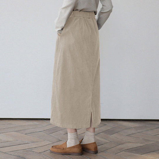 Autumn Winter Skirt Japanese Retro Artistic Corduroy Mid Length Elastic Waist Back Slit A line Skirt Women