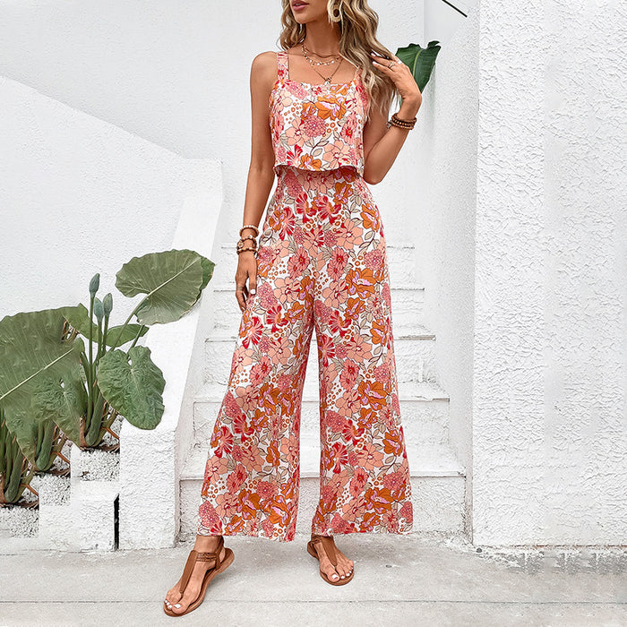 Summer Beach Women Clothing Printed Square Collar Sling Vest Pants Vacation Women Jumpsuit