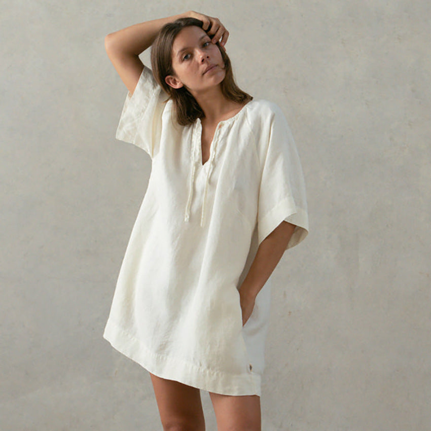 Autumn Cotton Solid Color Soft Skin Friendly Women Nightdress Loose Comfortable Cool Bandage Pocket Home Wear