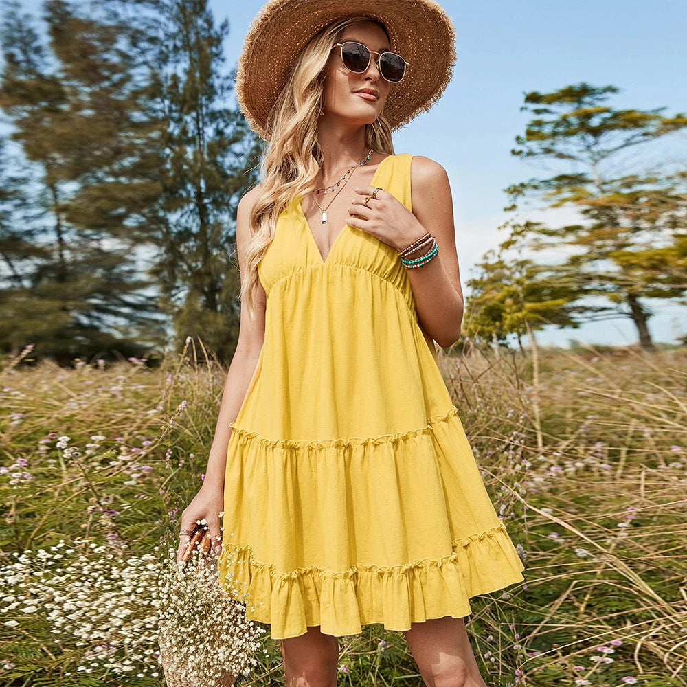 Sundress Summer New V-neck Pastoral Simple Dress Women Shoulder Strap Wild Dress