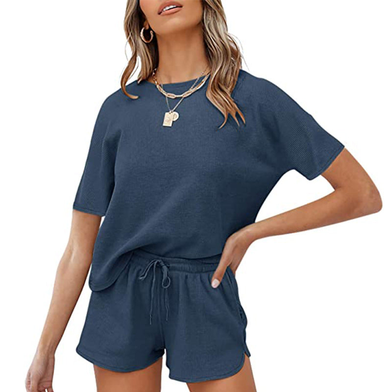 Rib Short-Sleeved Home Wear Solid Color Casual Two-Piece Pajamas Suit