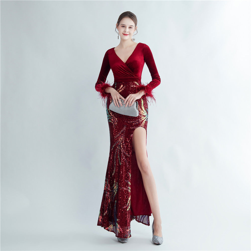 Craft Ostrich Feather Sequin Velvet Side Slit Long Sleeve Evening Dress