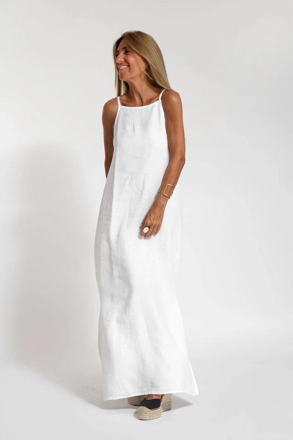 Fashionable Cotton Linen Slit Sleeveless Loose Dress